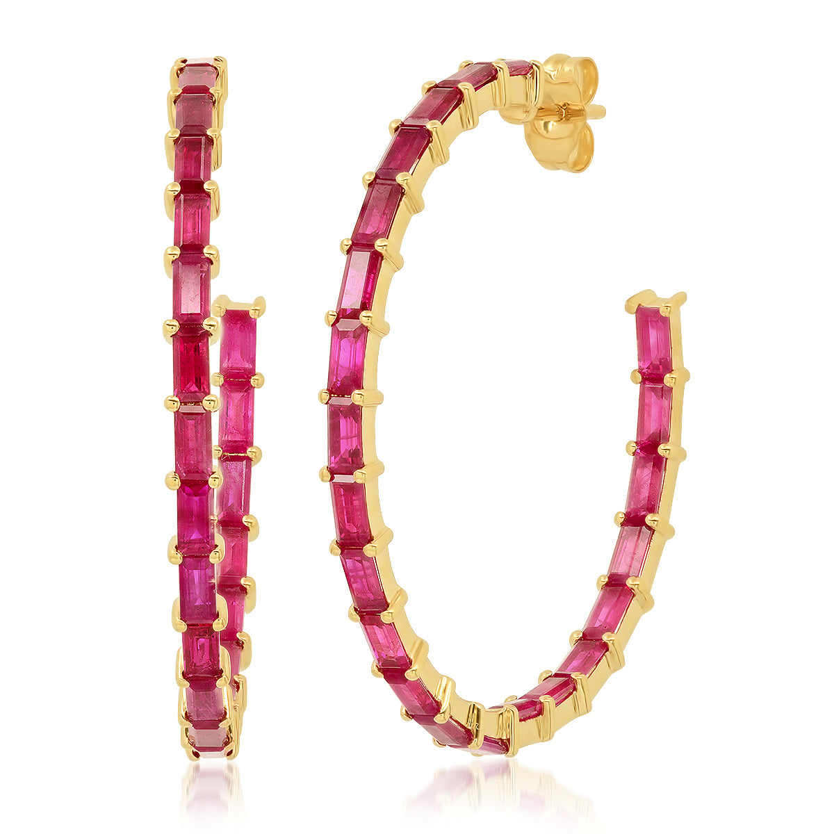 14K Yellow Gold Ruby Baguette Hoops