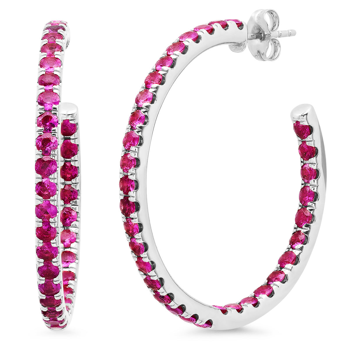 14K White Gold Ruby Hoops