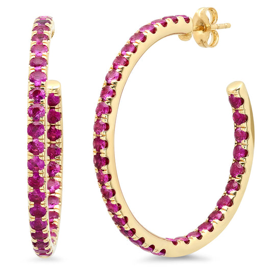 14K Yellow Gold Ruby Hoops