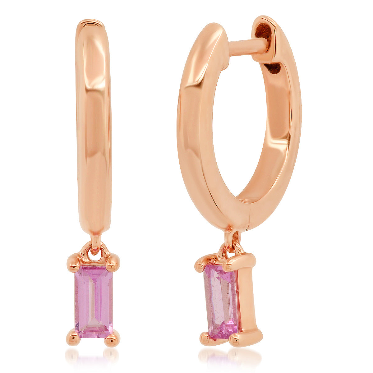14K Rose Gold Huggies with Pink Sapphire Baguette Drop