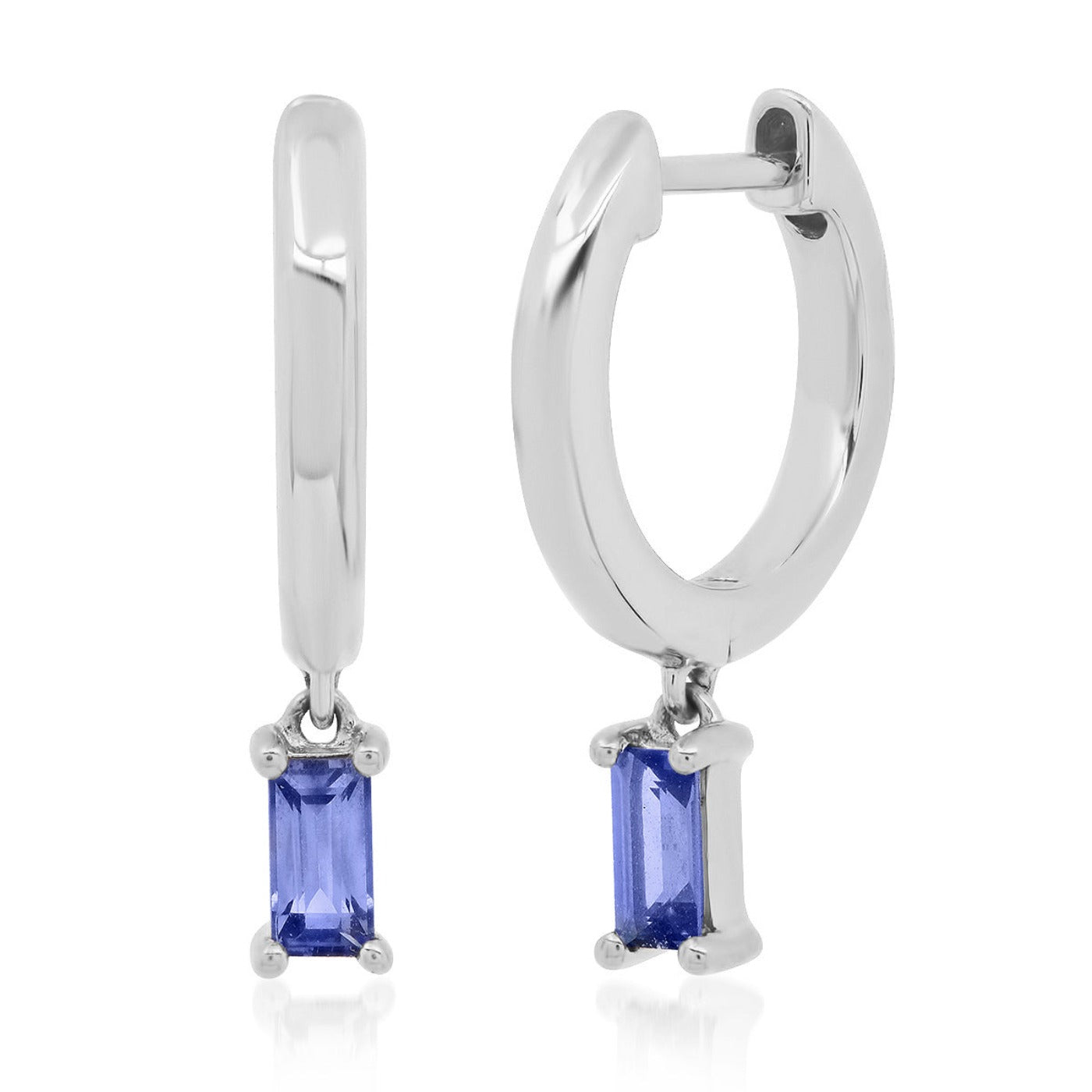 14K White Gold Huggies with Blue Sapphire Baguette Drop