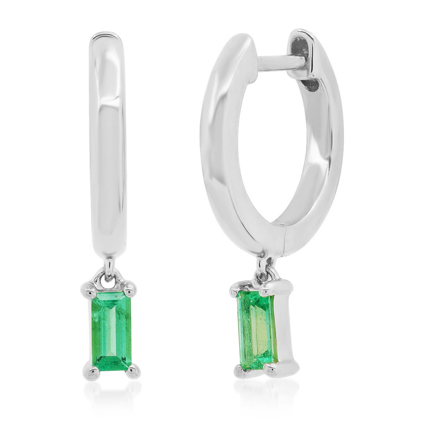 14K White Gold Huggies with Emerald Baguette Drop