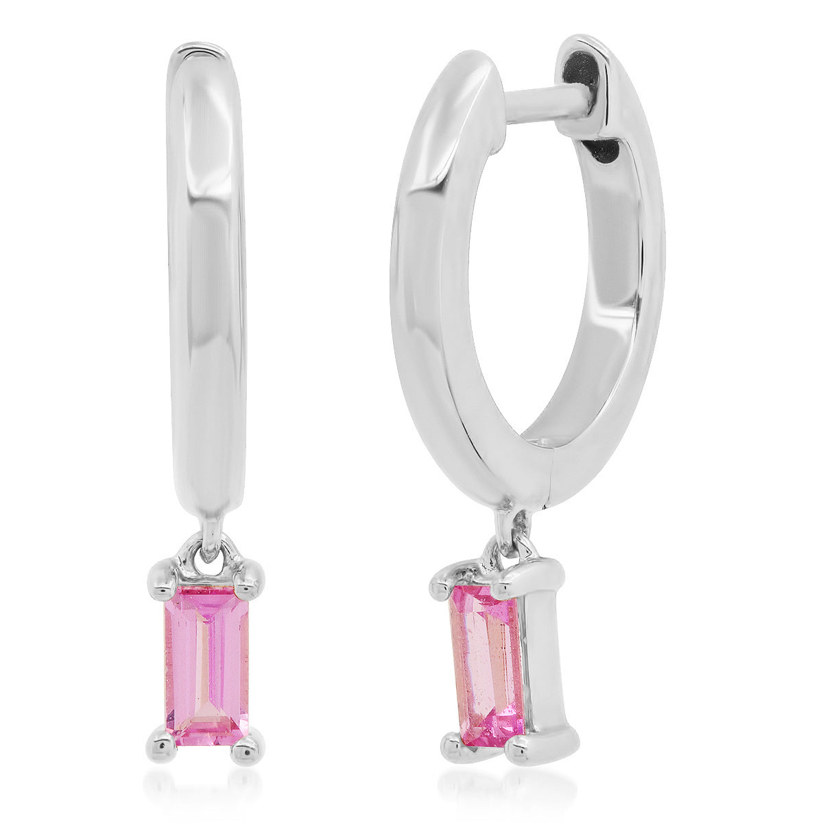 14K White Gold Huggies with Pink Sapphire Baguette Drop