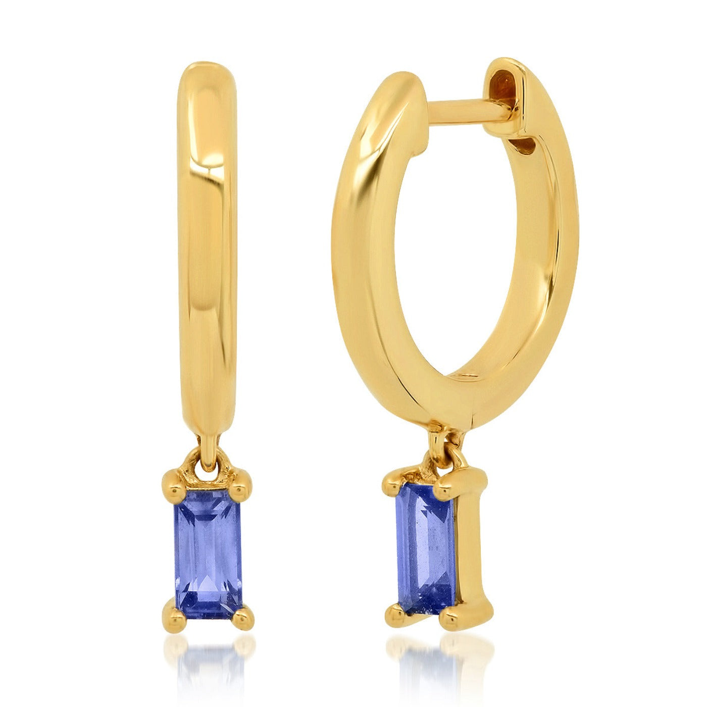 14K Yellow Gold Huggies with Blue Sapphire Baguette Drop
