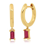 14K Yellow Gold Huggies with Ruby Baguette Drop