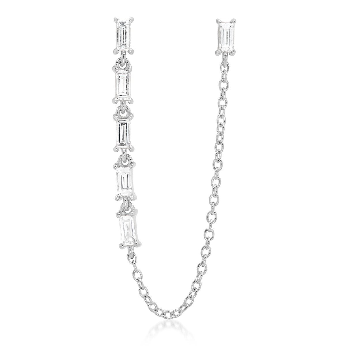 14K White Gold Diamond Baguette Link and Chain Stud