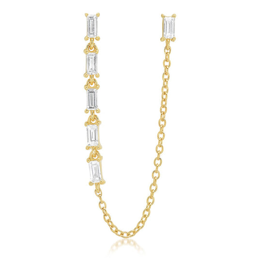 14K Yellow Gold Diamond Baguette Link and Chain Stud