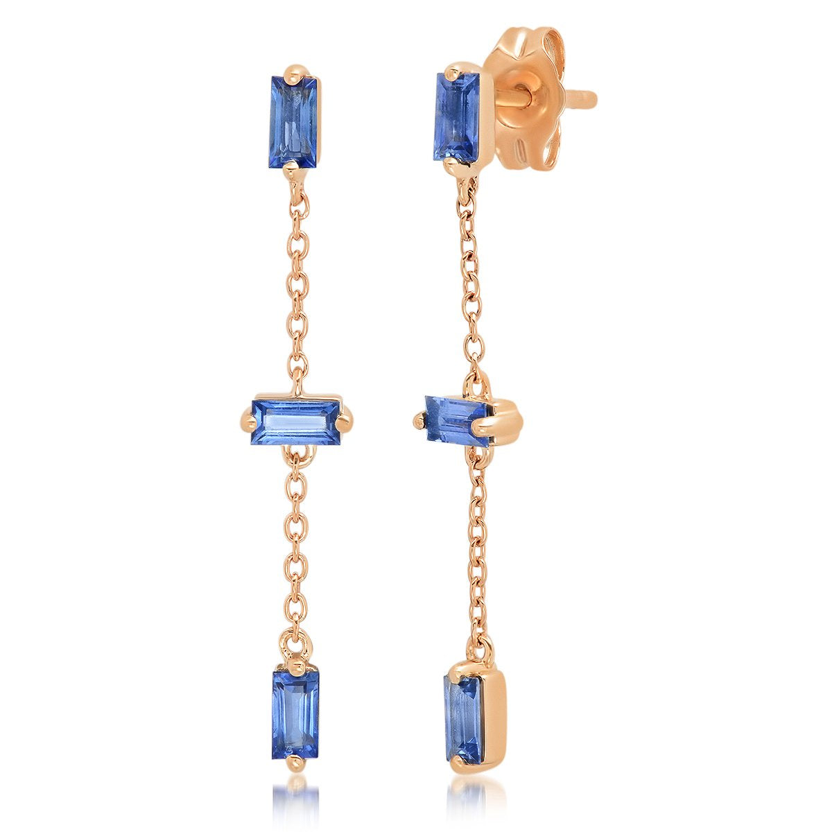 14K Rose Gold Blue Sapphire Baguette and Chain Drop Earrings