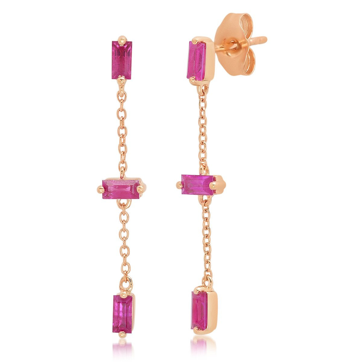 14K Rose Gold Ruby Baguette and Chain Drop Earrings