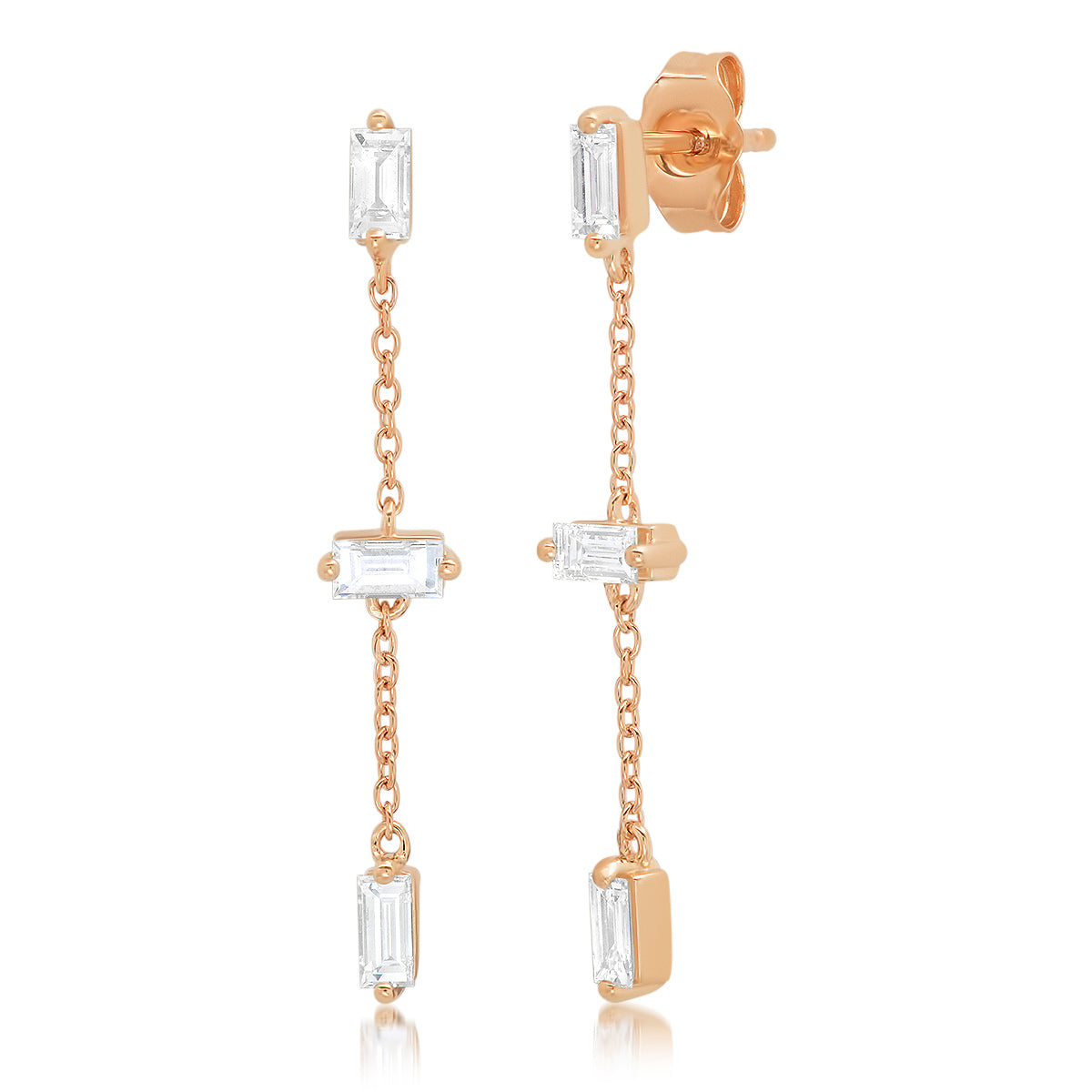 14K Rose Gold Diamond Baguette and Chain Drop Earrings 