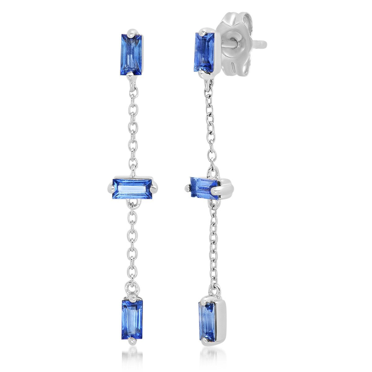 14K White Gold Blue Sapphire Baguette and Chain Drop Earrings