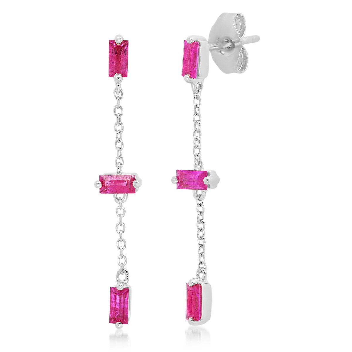 14K White Gold Ruby Baguette and Chain Drop Earrings