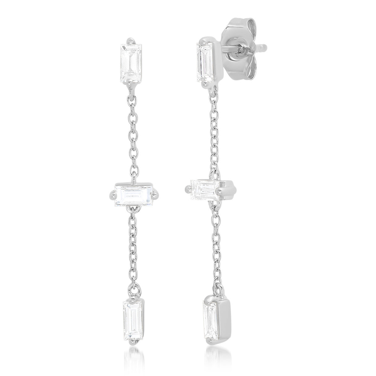 14K White Gold Diamond Baguette and Chain Drop Earrings 