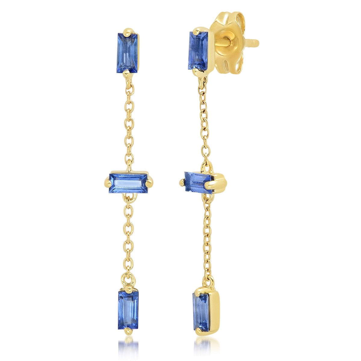 14K Yellow Gold Blue Sapphire Baguette and Chain Drop Earrings