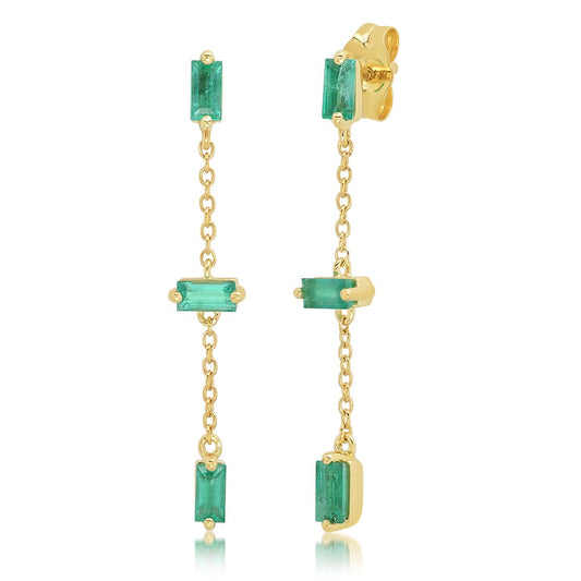 14K Yellow Gold Baguette and Chain Drop Earrings