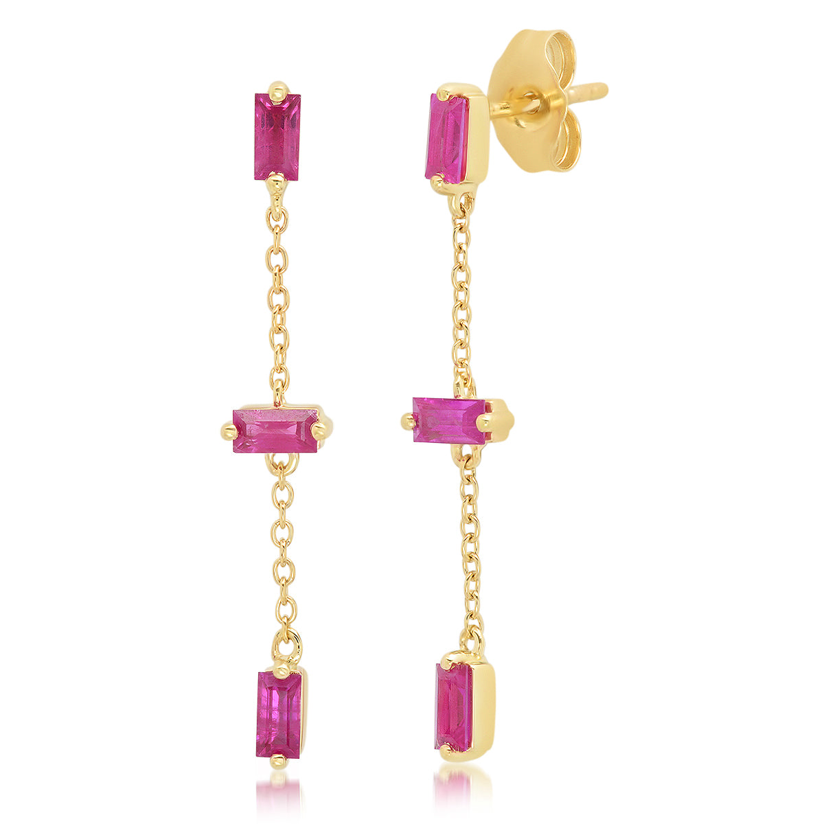 14K Yellow Gold Ruby Baguette and Chain Drop Earrings