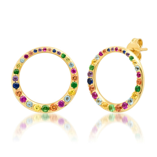14K Yellow Gold Asymmetrical Multi Colored Loop Earrings
