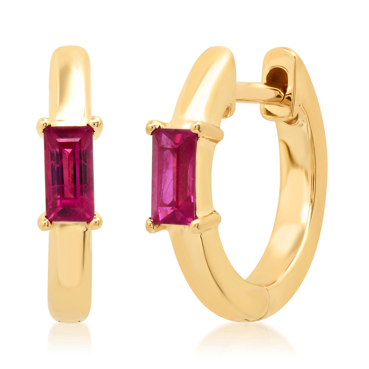 14K Yellow Gold Stationary Ruby Baguette Huggies