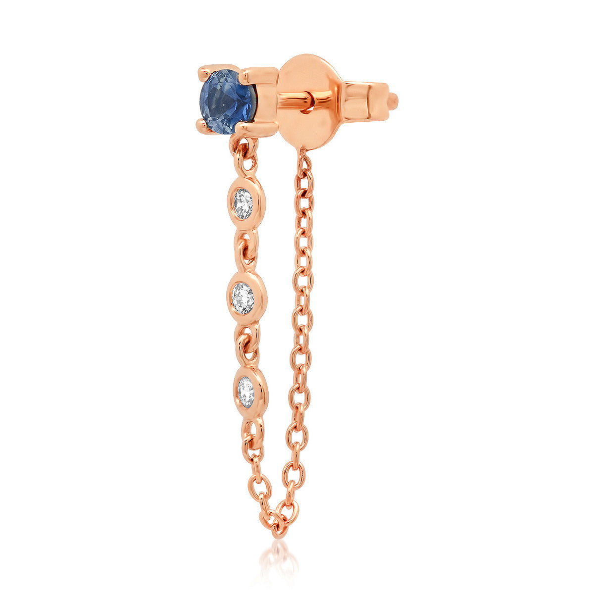 14K Rose Gold Single Blue Sapphire Stud with Diamond Chain