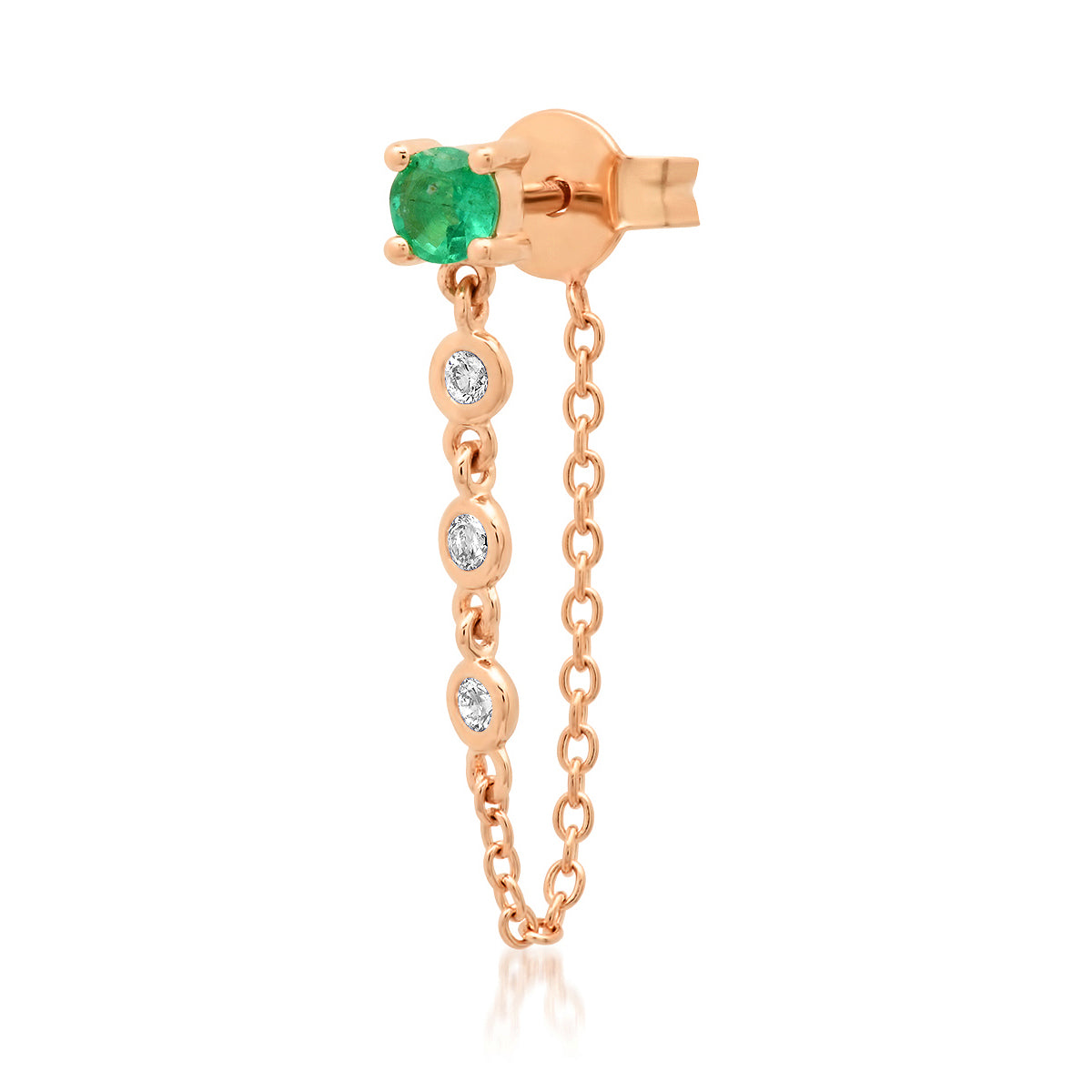 14K Rose Gold Single Emerald Stud with Diamond Chain