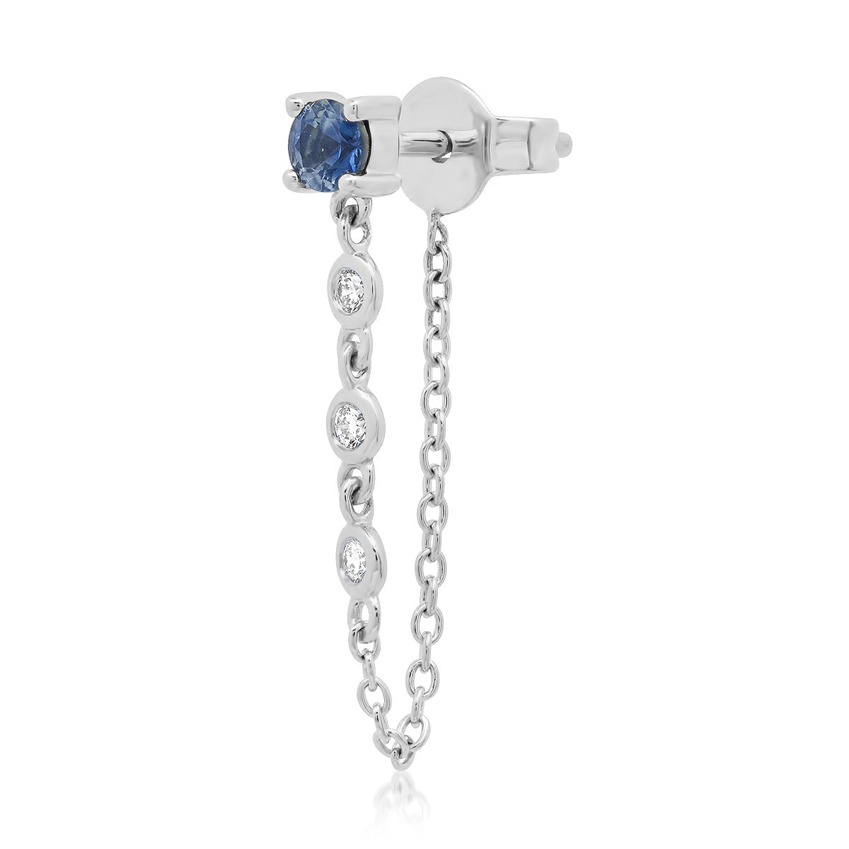 14K White Gold Single Blue Sapphire Stud with Diamond Chain