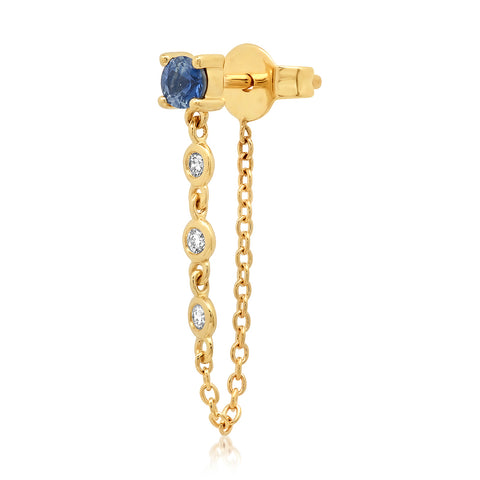 14K Yellow Gold Single Blue Sapphire Stud with Diamond Chain