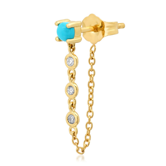 14K Yellow Gold Single Turquoise Stud with Diamond Chain