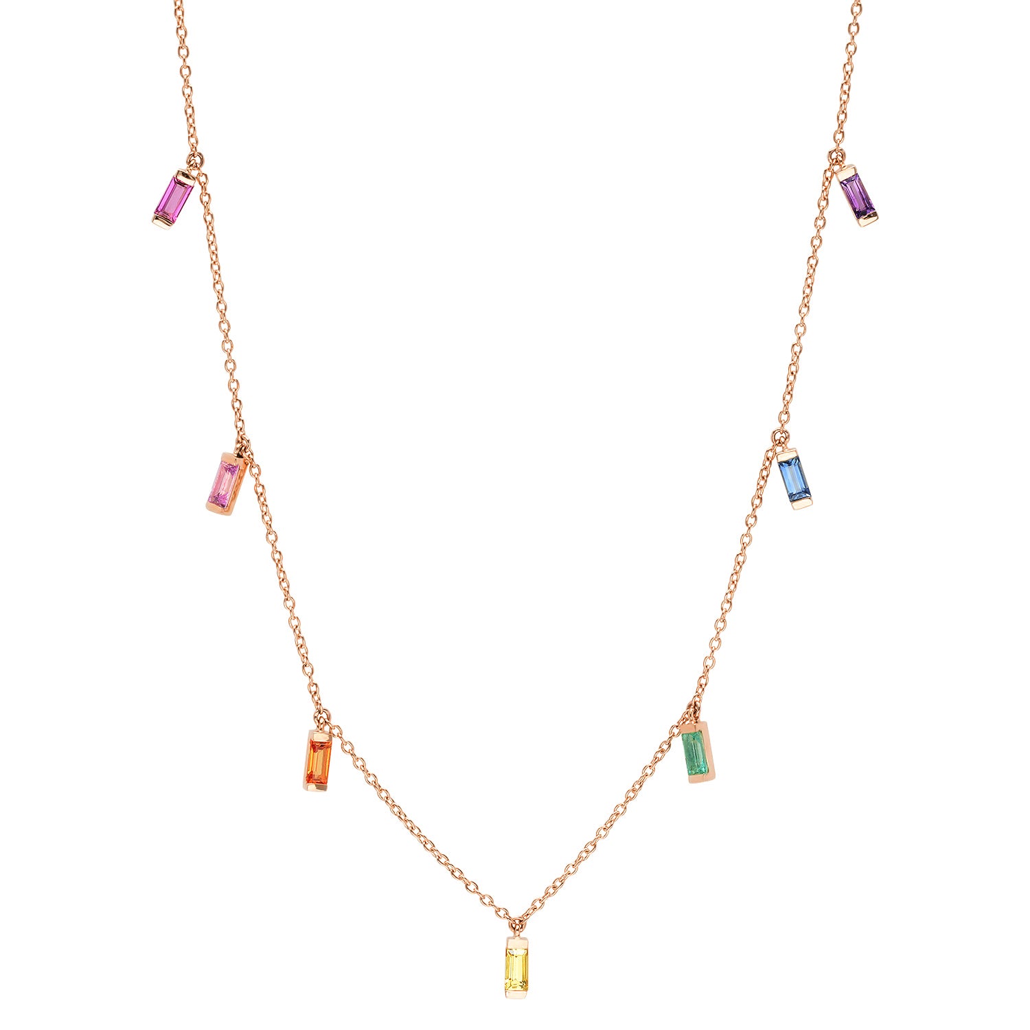 14K Rose Gold Rainbow Baguette Necklace
