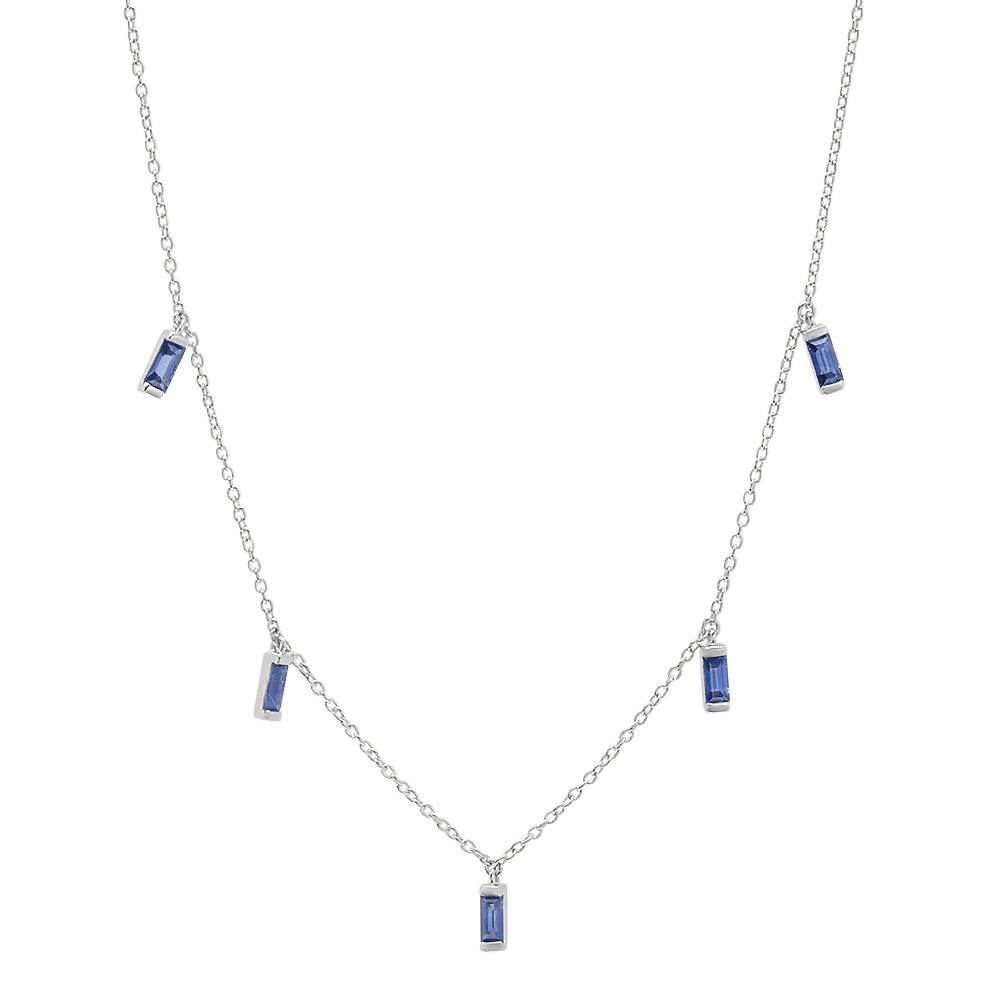 14K White Gold Blue Sapphire Baguette Necklace