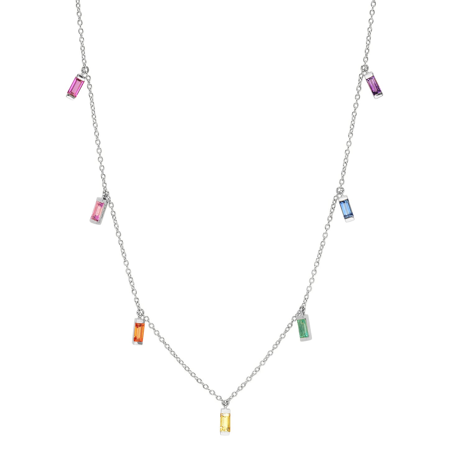 14K White Gold Rainbow Baguette Necklace