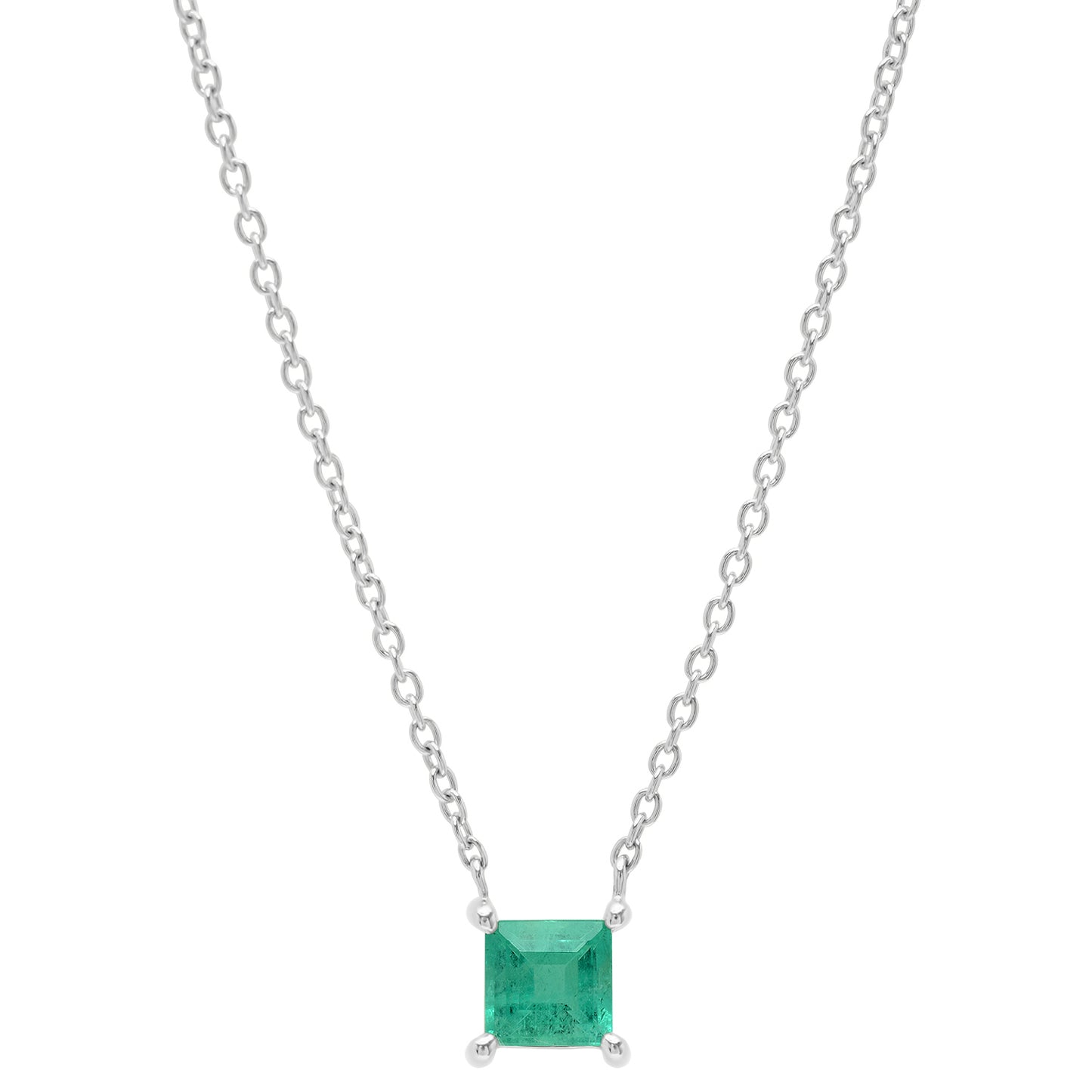 14K White Gold Emerald Solitaire Necklace