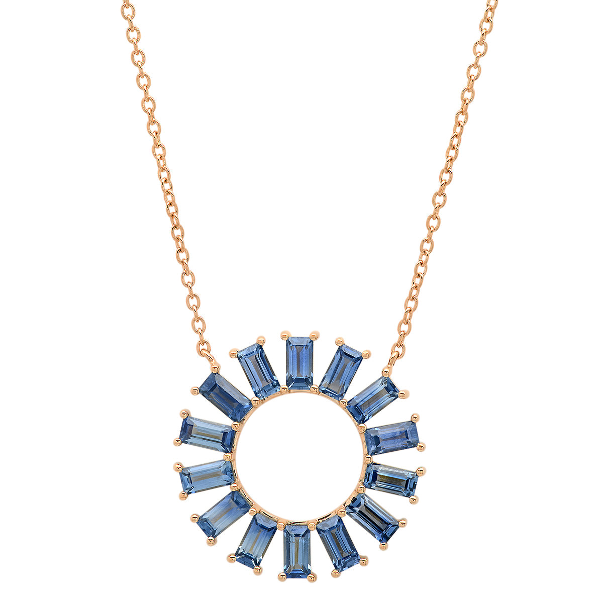 14K Rose Gold Blue Sapphire Baguette Color Wheel Necklace