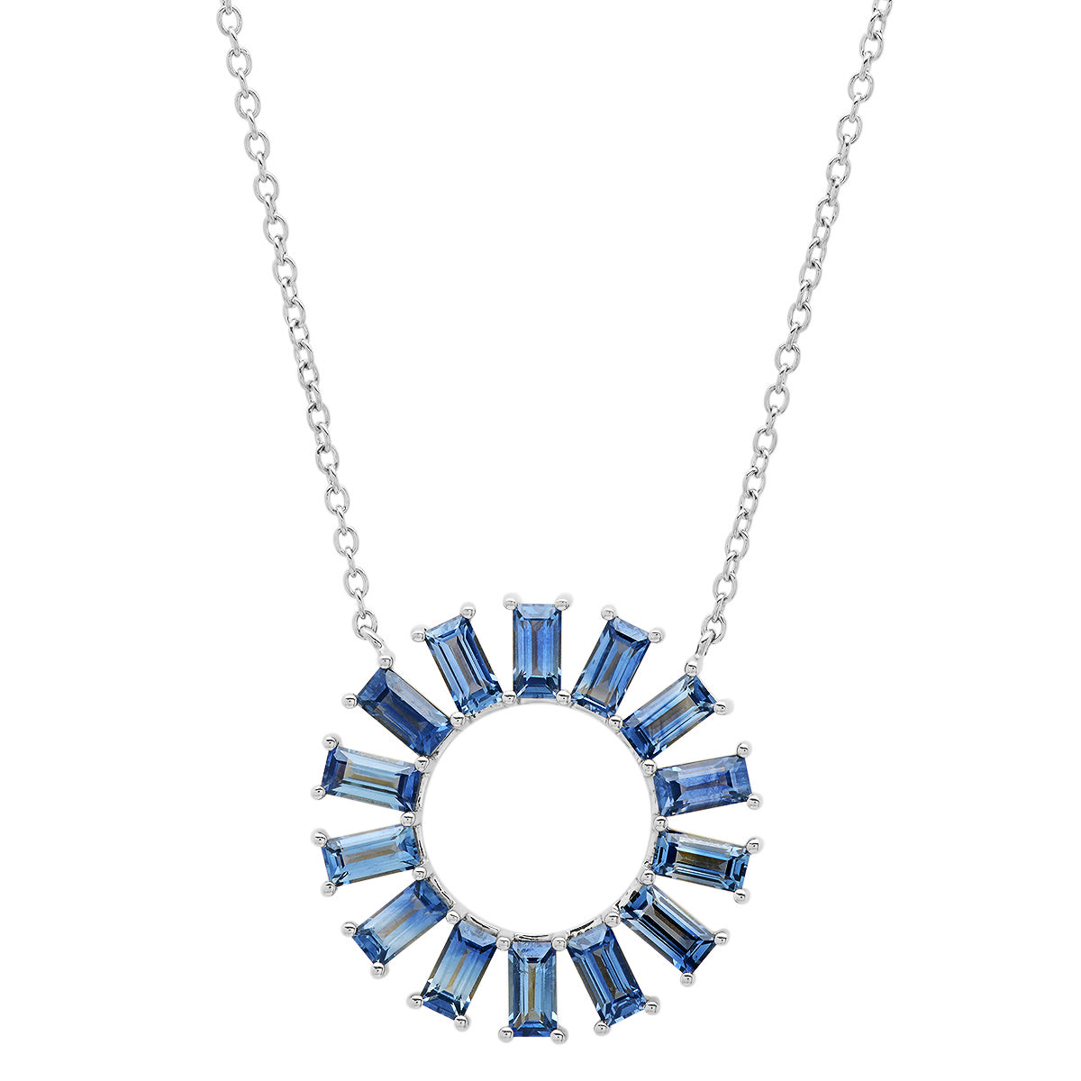 14K White Gold Blue Sapphire Baguette Color Wheel Necklace