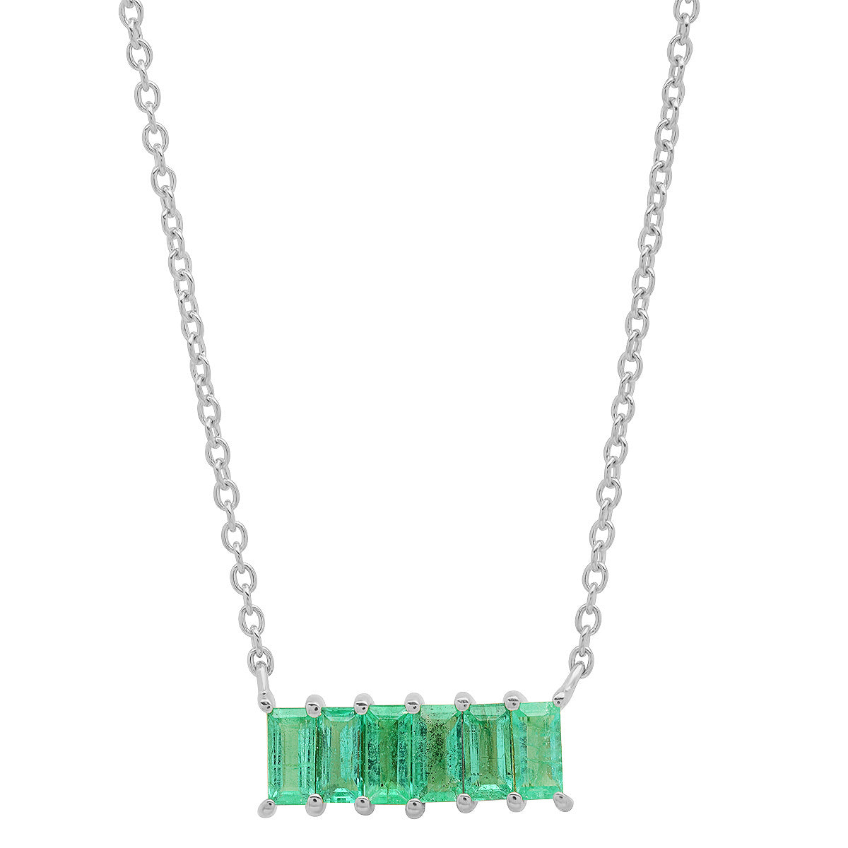 14K White Gold Emerald Baguette Staple Necklace
