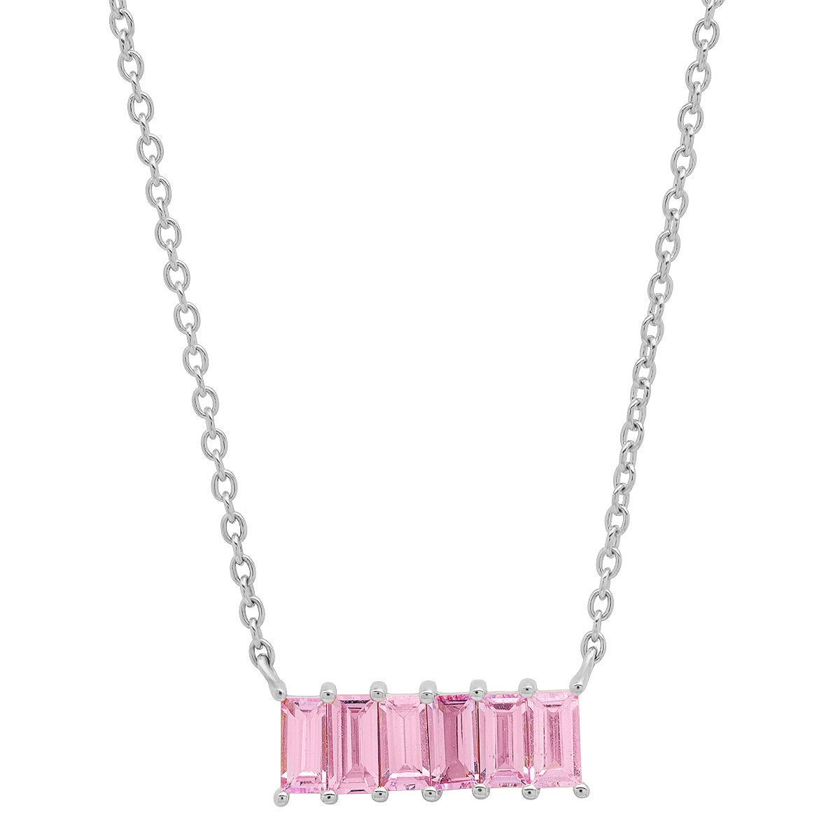 14K White Gold Pink Sapphire Baguette Staple Necklace