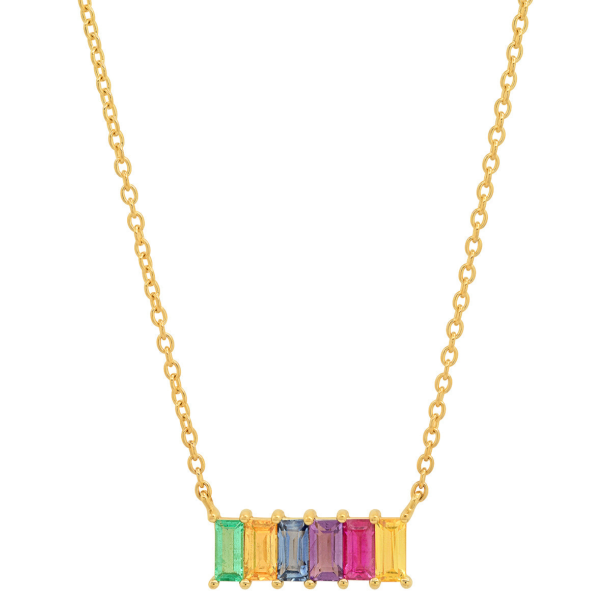 14K Yellow Gold Multi Colored Baguette Staple Necklace
