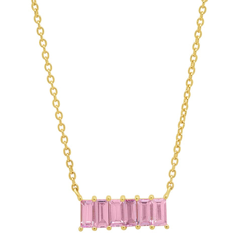 14K Yellow Gold Pink Sapphire Baguette Staple Necklace