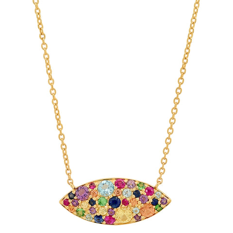 14K Yellow Gold Multi Colored Evil Eye Necklace