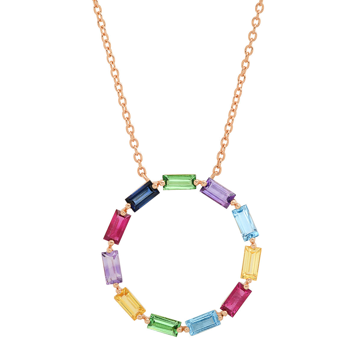 14K Rose Gold Multi Colored Baguette Circle Necklace