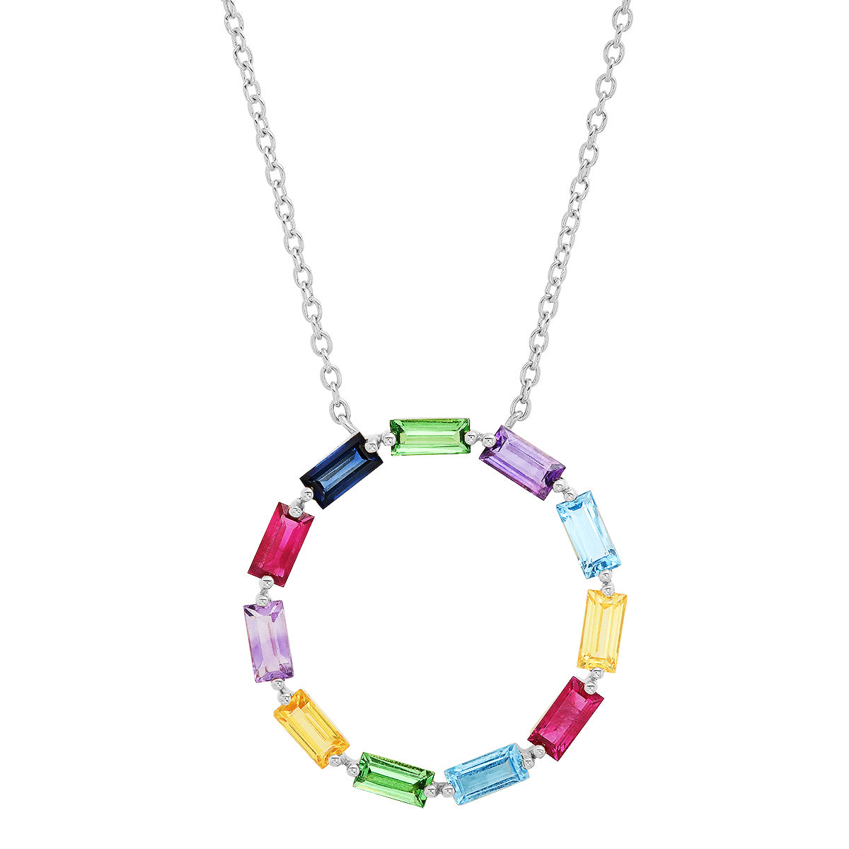 14K White Gold Multi Colored Baguette Circle Necklace