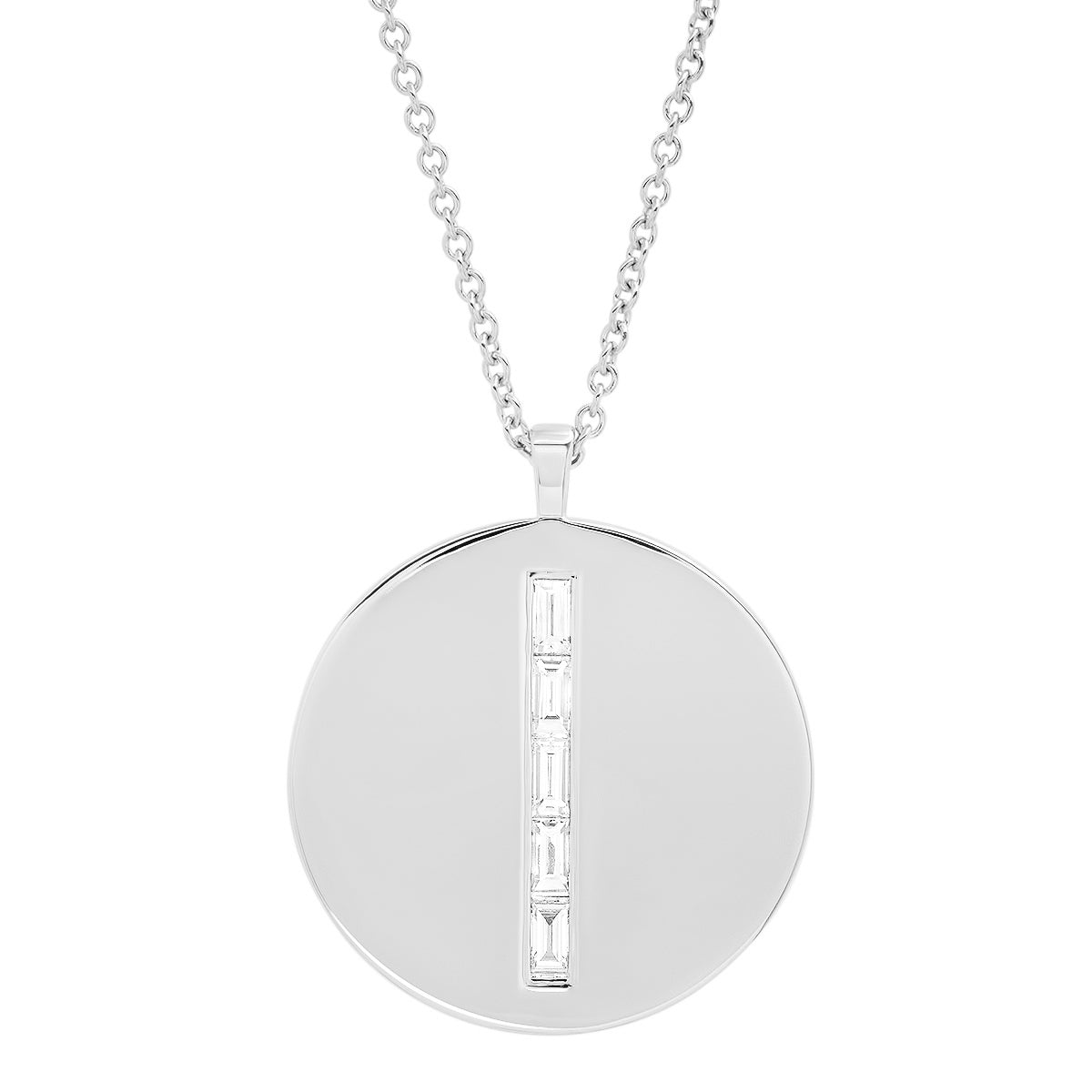 White Gold Diamond Baguette Circle Dog Tag Necklace