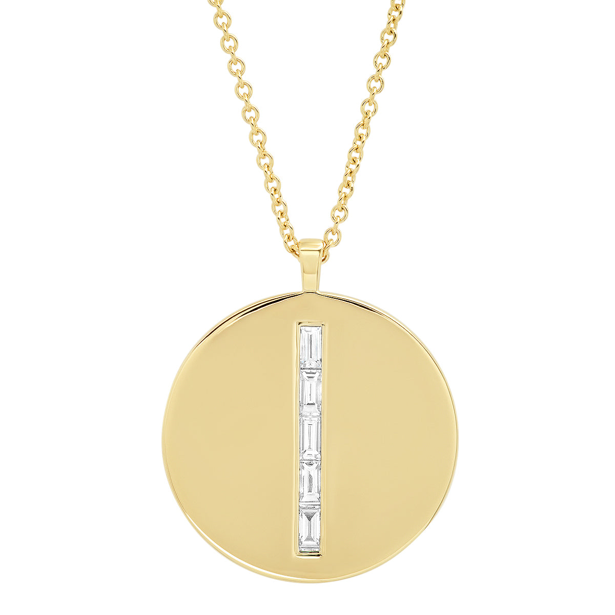 Yellow Gold Diamond Baguette Circle Dog Tag Necklace