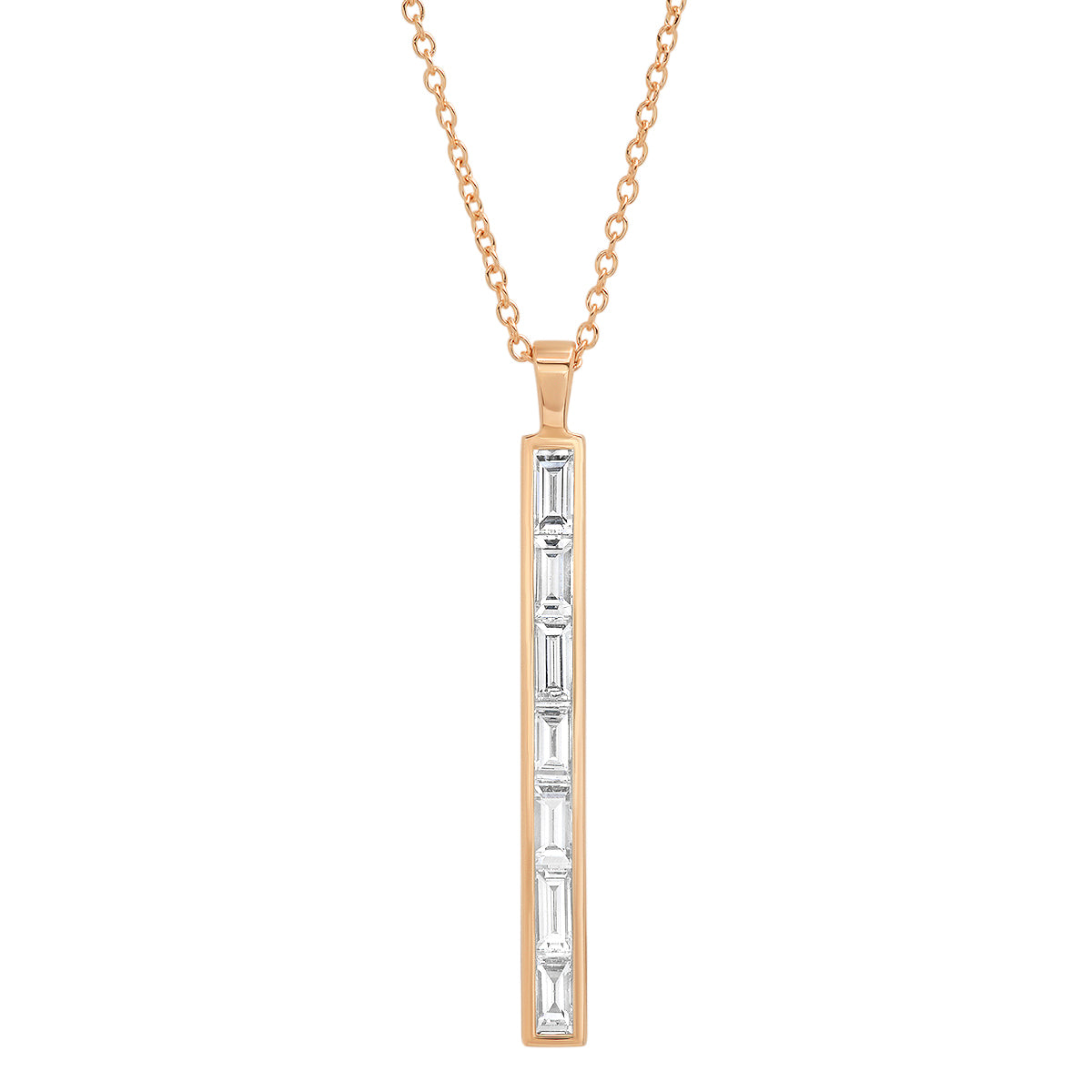14K Rose Gold Diamond Baguette Stick Necklace