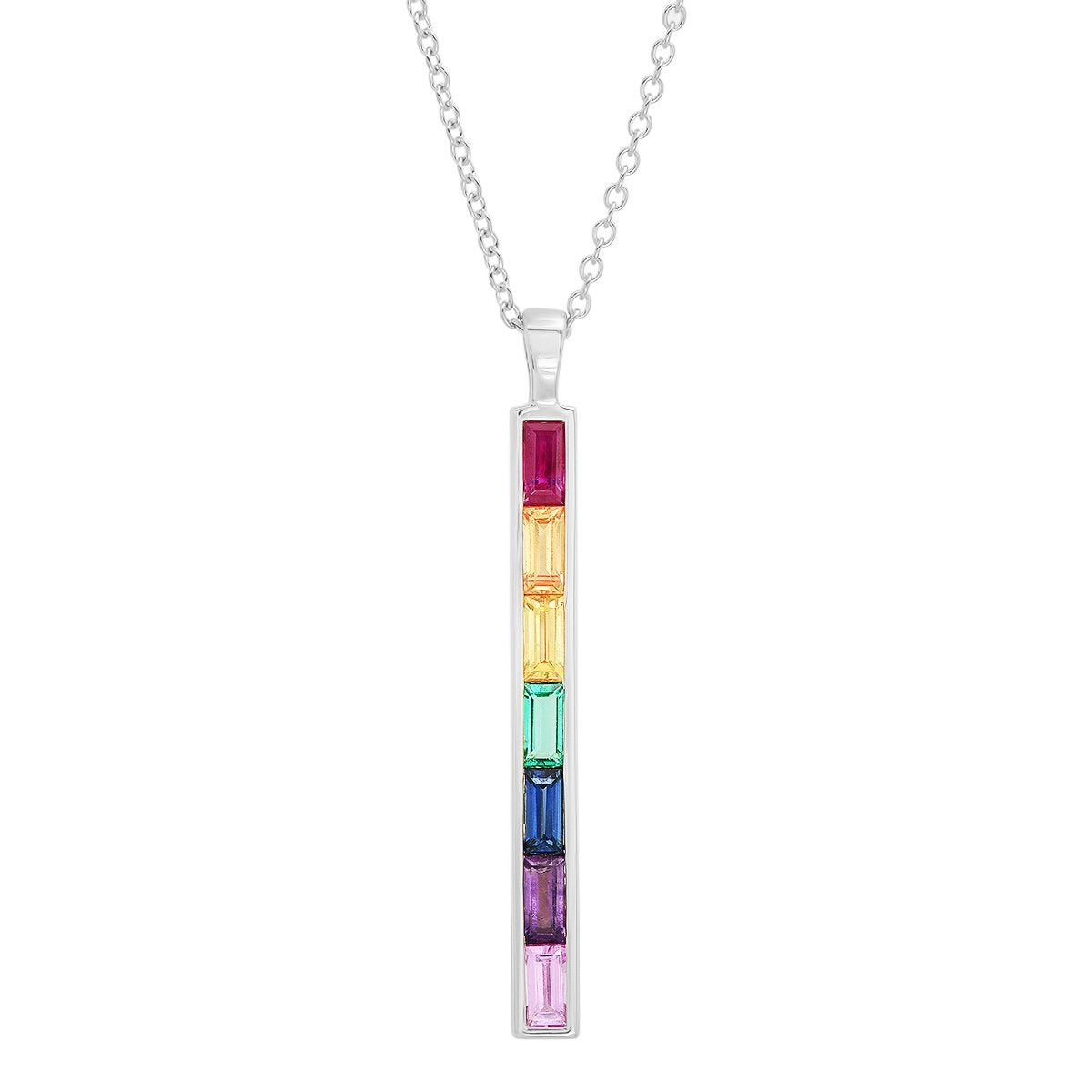 14K White Gold Rainbow Baguette Stick Necklace