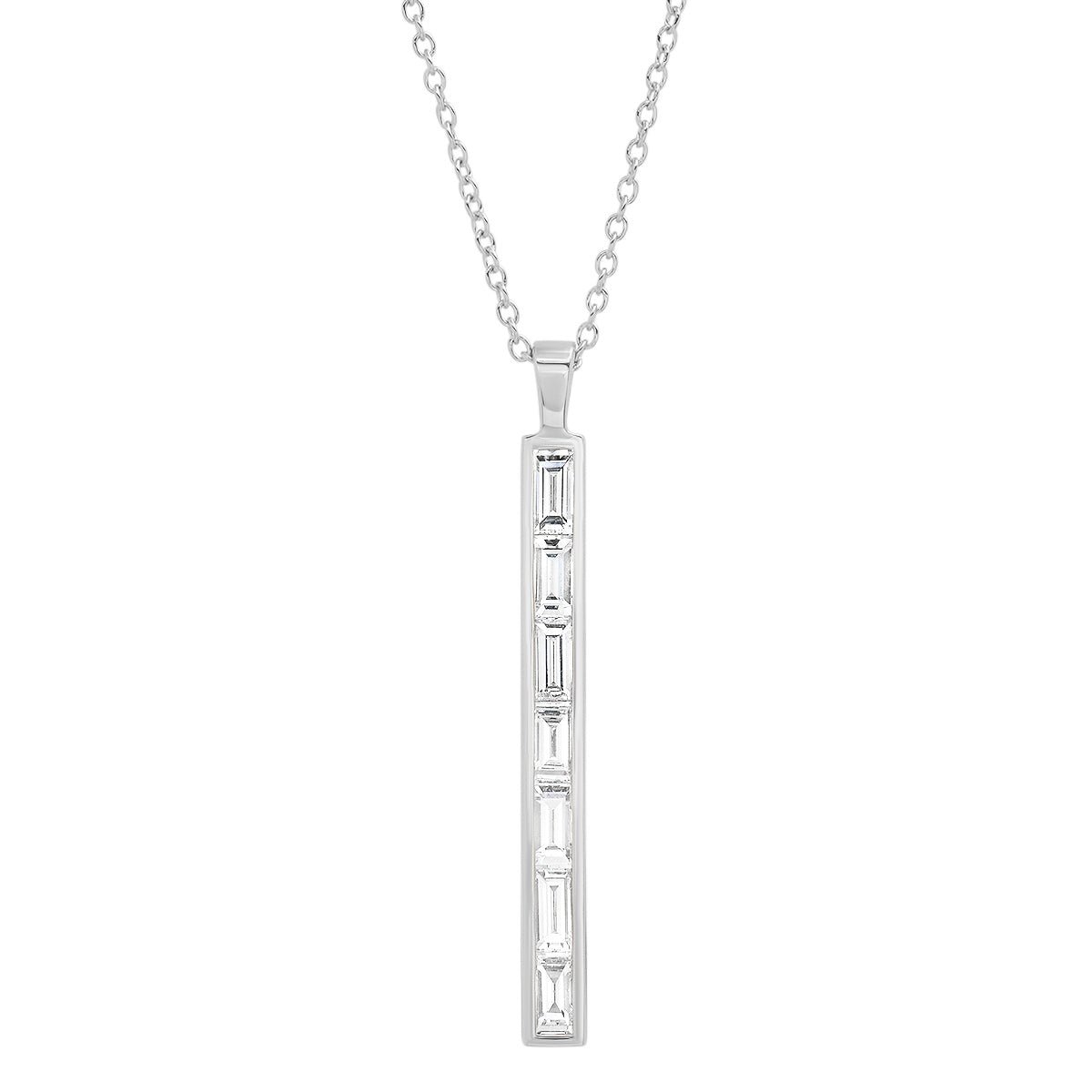 14K White Gold Diamond Baguette Stick Necklace