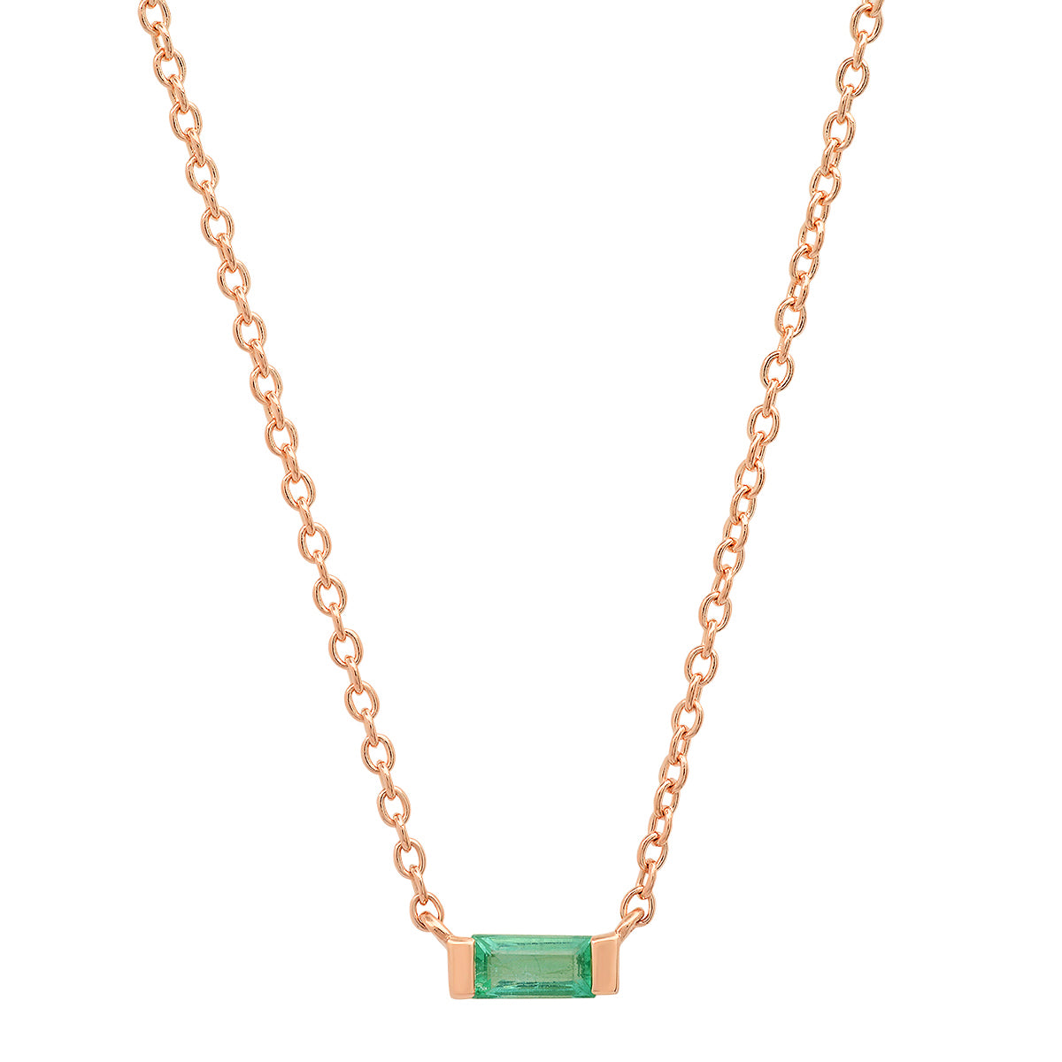14K Rose Gold Solitaire Emerald Baguette Necklace