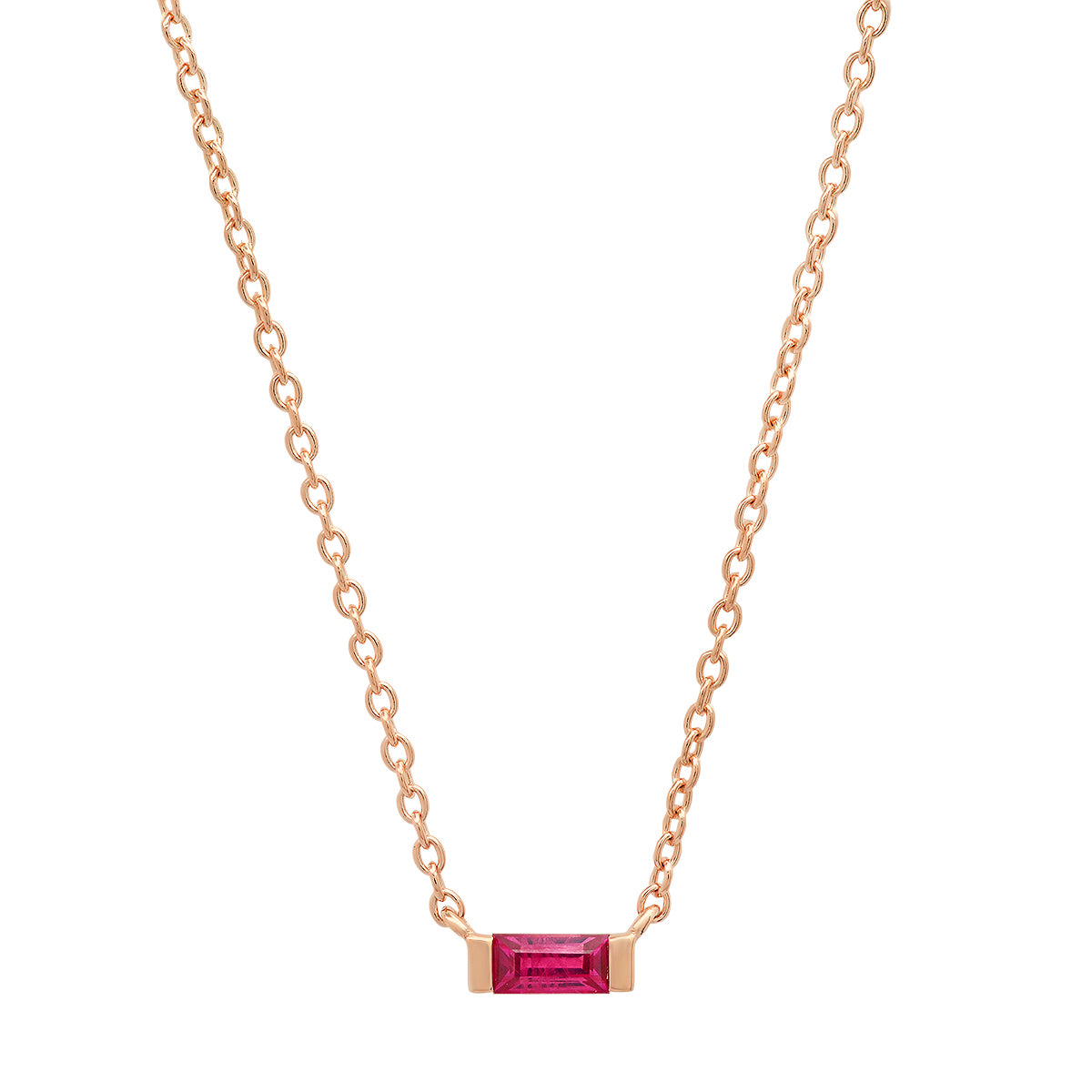 14K Rose Gold Solitaire Ruby Baguette Necklace