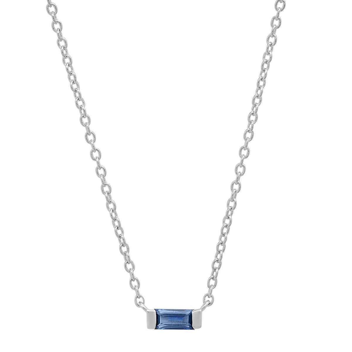 14K White Gold Solitaire Blue Sapphire Baguette Necklace
