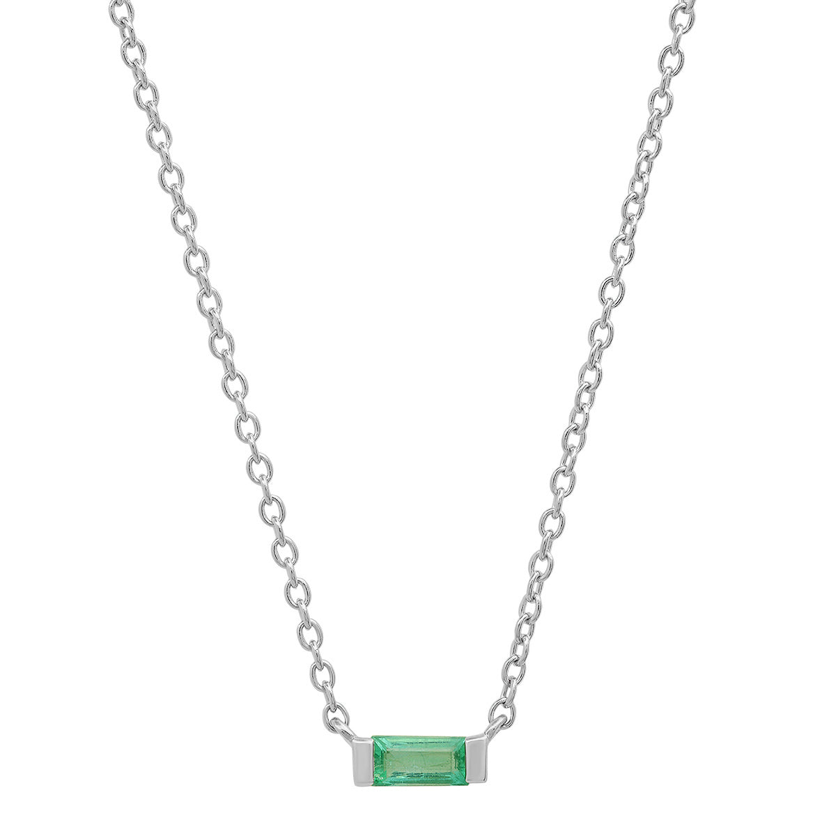 14K White Gold Solitaire Emerald Baguette Necklace
