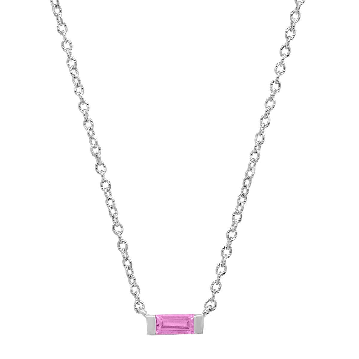 14K White Gold Solitaire Pink Sapphire Baguette Necklace